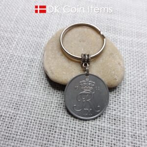 Denmark 1963 Crown R coin keychain with 61 year old 5 ore as coin pendant. Unique 61st birthday gift or Danish vintage souvenir