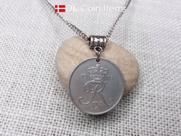 Denmark 1963 Crown R coin necklace with 61 year old 5 ore as coin pendant. Unique 61st birthday gift or Danish vintage souvenir