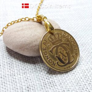 Denmark C-initial coin necklace with antique 1926 2 kroner as coin pendant. Golden 98 year old Danish Royal Crown coin. Unique souvenir gift