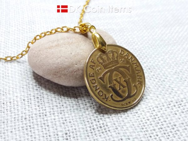 Denmark C-initial coin necklace with antique 1926 2 kroner as coin pendant. Golden 98 year old Danish Royal Crown coin. Unique souvenir gift