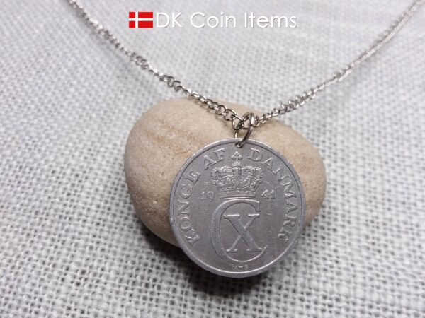 Denmark 1941 coin pendant necklace. 83 year old Crown C initial 5 ore coin. 83rd birthday gift. Antique Danish vintage souvenir gift