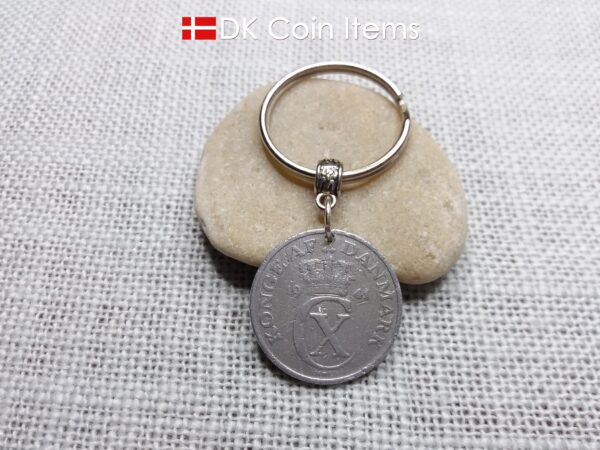 Denmark 1941 coin keychain with 83 year old Crown C initial 5 ore as coin pendant. 83rd birthday gift. Antique Danish vintage souvenir gift