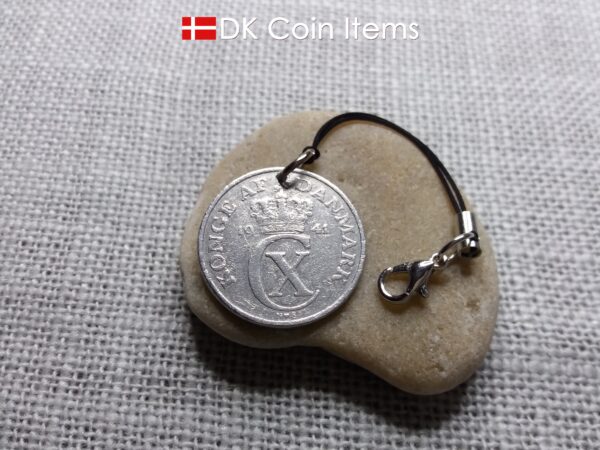 Denmark 1941 coin charm with 83 year old Crown C initial 5 ore as coin pendant. 83rd birthday gift. Antique Danish vintage souvenir gift