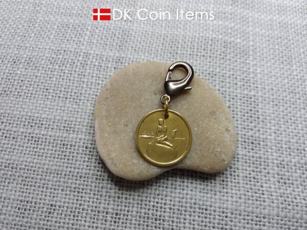 Denmark Little Mermaid coin charm with a Copenhagen vintage 1966-1967 token pendant showing The Danish Little Mermaid sculpture