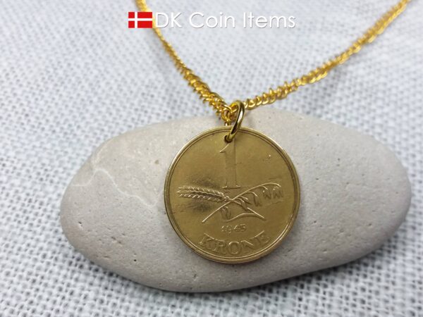 Denmark 1945 coin necklace with 79 year old golden 1 krone coin pendant. 79th birthday gift, 1st anniversary gift, Danish vintage souvenir