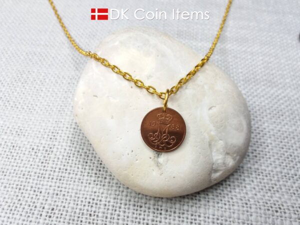 Denmark 1988 coin necklace with 36 year old Crown M initial 5 ore as coin pendant. 36th birthday gift. Danish vintage souvenir