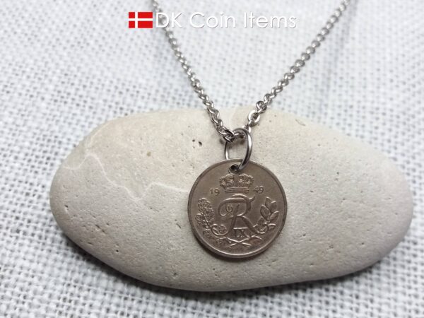 Denmark 1949 coin necklace with 75 year old Crown R initial 10 ore as coin pendant. 75th birthday gift. Danish vintage souvenir