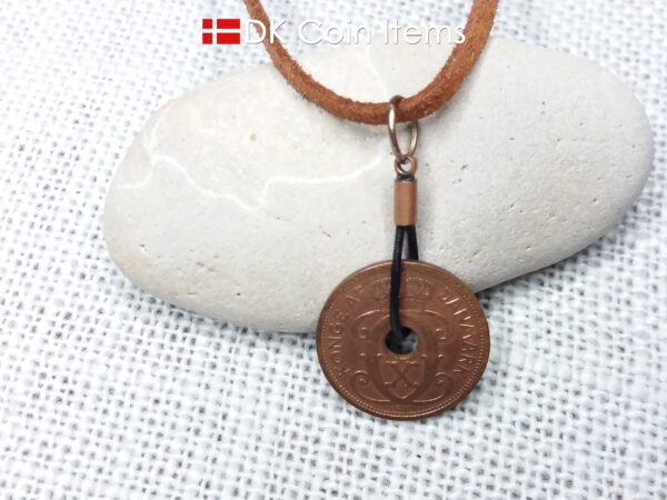 Antique Crown C-initial 1928 coin necklace with 96 year old Danish copper 2 ore as coin pendant in leather strap. Denmark Vintage souvenir