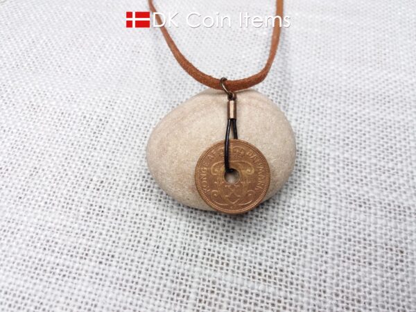 Antique Crown C-initial 1929 coin necklace with 95 year old Danish copper 2 ore as coin pendant in leather strap. Denmark Vintage souvenir