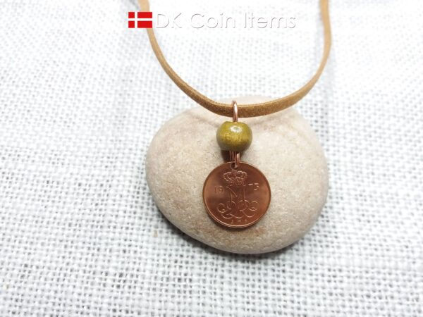 Crown M-initial 1973 coin necklace with 51 year old Danish 5 ore as coin pendant. 51st birthday gift. Danish vintage souvenir