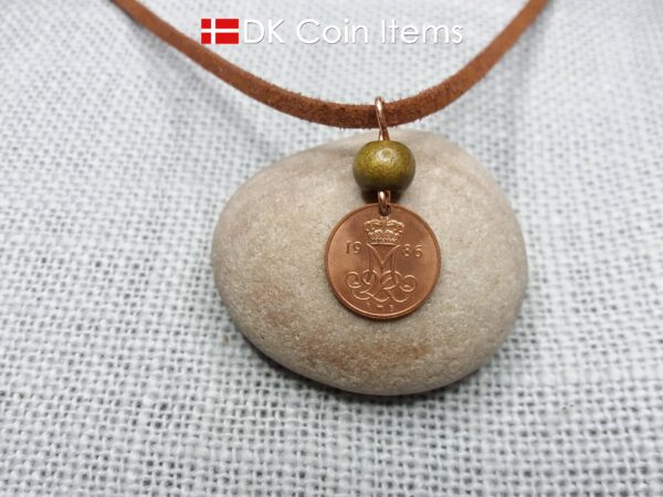 Crown M-initial 1986 coin necklace with 38 year old Danish 5 ore as coin pendant. 38th birthday gift. Danish vintage souvenir