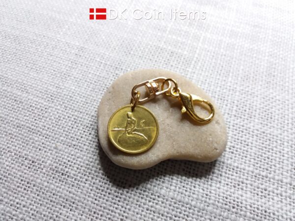 Danish Coin charm with the Little Mermaid sculpture in Copenhagen on vintage 1966-1967 fare token as pendant