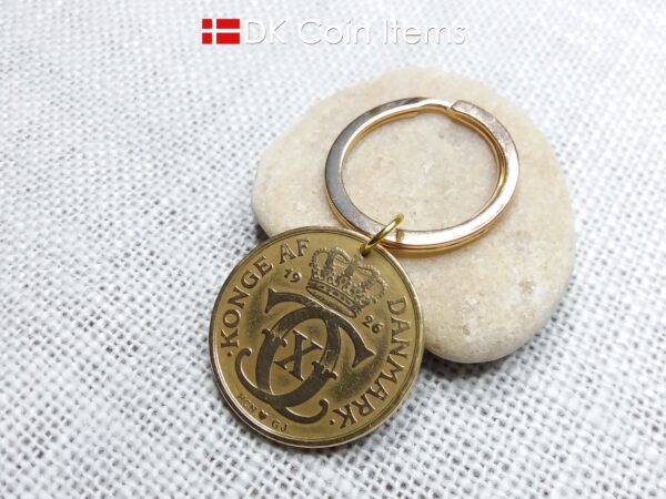 98 year old Crown C-initial coin keychain with golden 2 kroner 1926 from Denmark as coin pendant. Antique Danish vintage souvenir gift