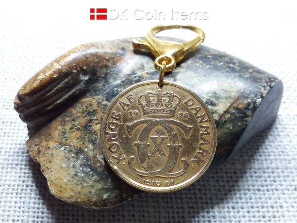 Golden 98 year old Crown C-initial coin charm/keychain with 2 kroner 1926 from Denmark as coin pendant. Antique Danish vintage souvenir gift