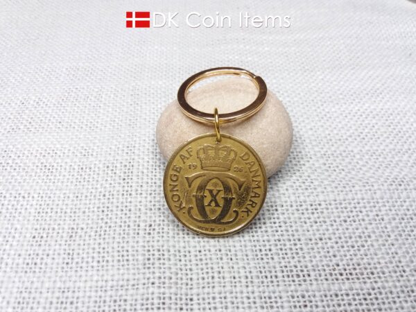 Crown C-initial coin keychain with golden 98 year old 1926 2 kroner from Denmark as coin pendant. Antique Danish vintage souvenir gift