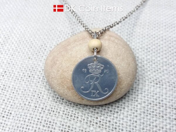 Crown R-initial 1970 coin necklace with 54 year old 2 ore from Denmark as coin pendant. 54th birthday gift. Danish vintage souvenir