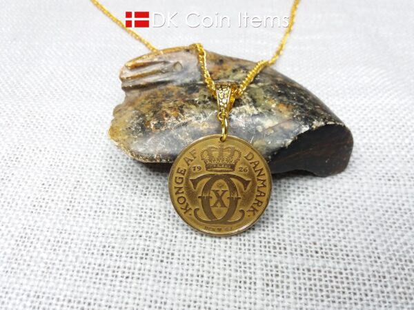 Crown C-initial coin necklace with golden 98 year old 1926 2 kroner from Denmark as coin pendant. Antique Danish vintage souvenir gift