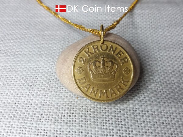 Crown C initial coin pendant necklace with an antique Danish golden 1926 coin (31mm/1¹/₄", 13 grams) on a gold plated ring. Denmark souvenir