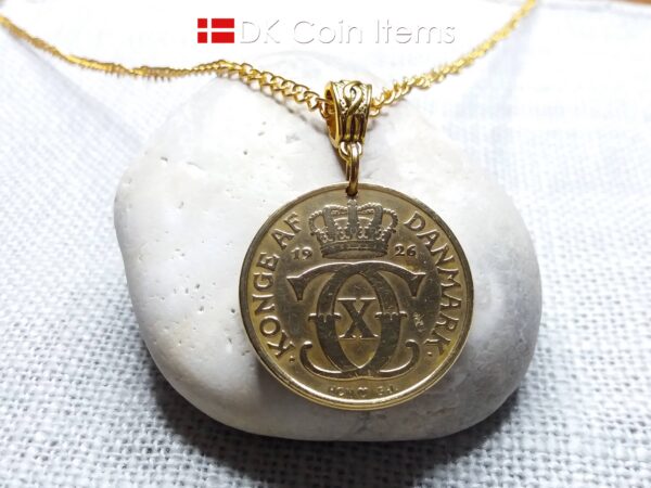 Golden 98 year old Crown C-initial coin necklace with 2 kroner 1926 from Denmark as coin pendant. Antique Danish vintage souvenir gift