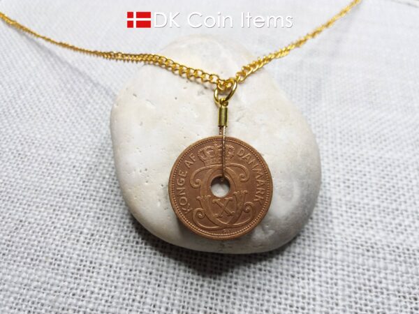 Denmark Crown C initial coin necklace with 97 year old Danish copper 5 ore as pendant. Antique 1927 vintage souvenir. 97th birthday gift