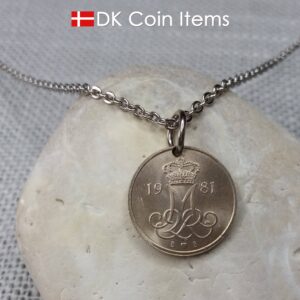 Denmark 1981 coin necklace with 43 year old Crown M initial 10 ore as coin pendant. 43rd birthday gift. Danish vintage souvenir