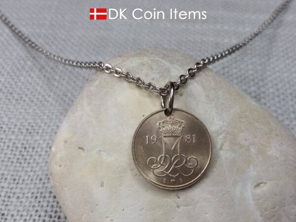 Denmark 1981 coin necklace with 43 year old Crown M initial 10 ore as coin pendant. 43rd birthday gift. Danish vintage souvenir