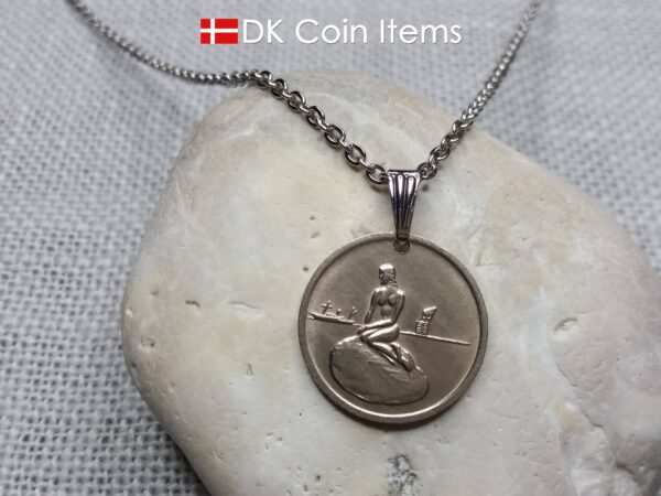 Denmark Little Mermaid coin necklace with Copenhagen vintage 1966-1967 fare token pendant showing sculpture of The Danish Little Mermaid