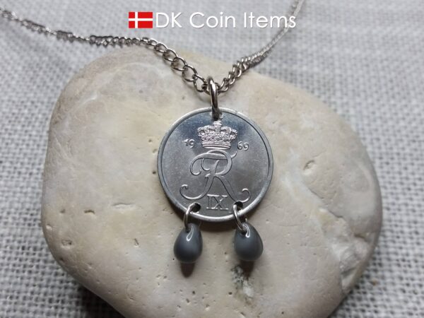 1969 Crown R initial coin necklace with 55 year old 2 ore from Denmark as coin pendant. 55th birthday gift. Danish vintage souvenir