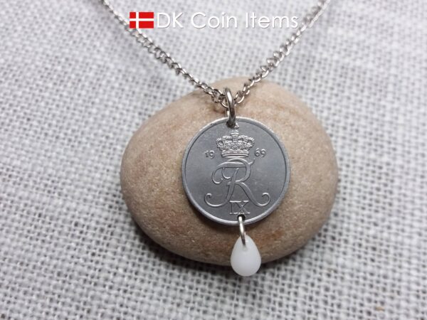 Denmark 1969 Crown R initial coin necklace with 55 year old 2 ore as coin pendant. 55th birthday gift. Danish vintage souvenir