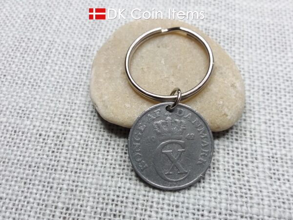 Denmark 1942 coin keychain with 82 year old Crown C initial 5 ore as coin pendant. 82nd birthday gift. Antique Danish vintage souvenir gift