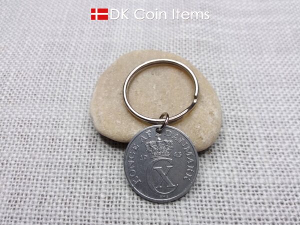 Denmark 1943 coin keychain with 81 year old Crown C initial 5 ore as coin pendant. 81st birthday gift. Antique Danish vintage souvenir gift