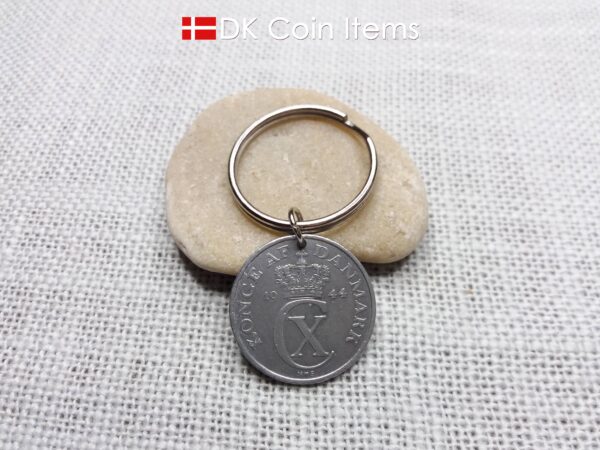 Denmark 1944 coin keychain with 80 year old Crown C initial 5 ore as coin pendant. 80th birthday gift. Antique Danish vintage souvenir gift