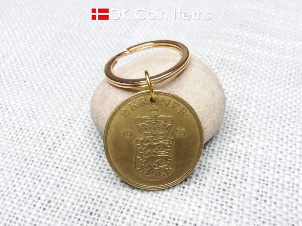 Denmark 1953 coin keychain with 71 year old golden Crown Coat of Arms 2 kroner as coin pendant. 71st birthday gift. Danish vintage souvenir