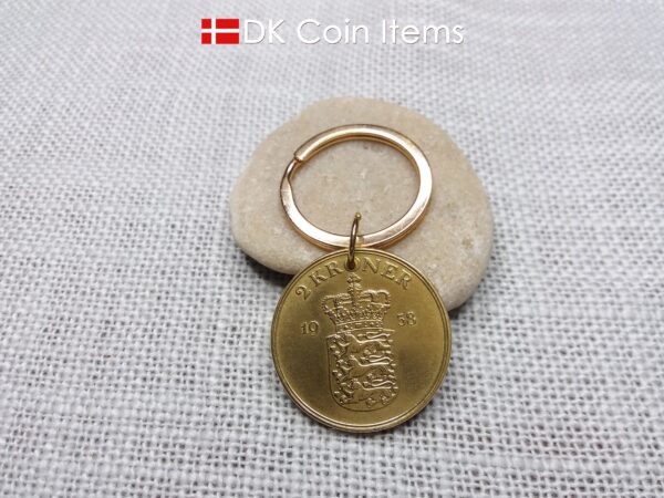 Denmark 1958 coin keychain with 66 year old golden Crown Coat of Arms 2 kroner as coin pendant. 66th birthday gift. Danish vintage souvenir