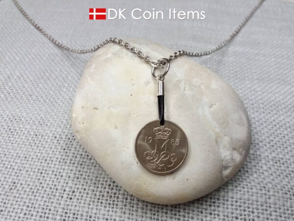 Denmark 1983 coin necklace with 41 year old Crown M initial 10 ore as coin pendant. 41st birthday gift. Danish vintage souvenir