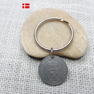 Denmark 1942 coin keychain with 82 year old Crown C initial 2 ore as coin pendant. 82nd birthday gift. Antique Danish vintage souvenir gift