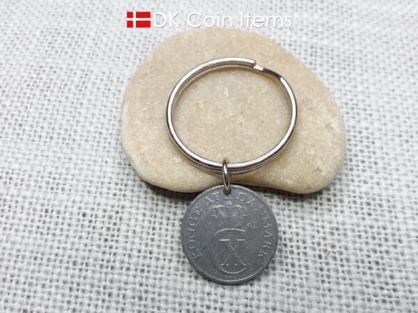 Denmark 1942 coin keychain with 82 year old Crown C initial 2 ore as coin pendant. 82nd birthday gift. Antique Danish vintage souvenir gift