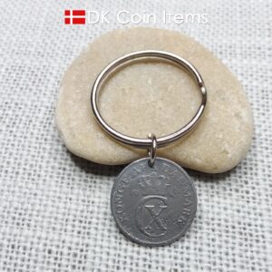 Denmark 1943 coin keychain with 81 year old Crown C initial 2 ore as coin pendant. 81st birthday gift. Antique Danish vintage souvenir gift