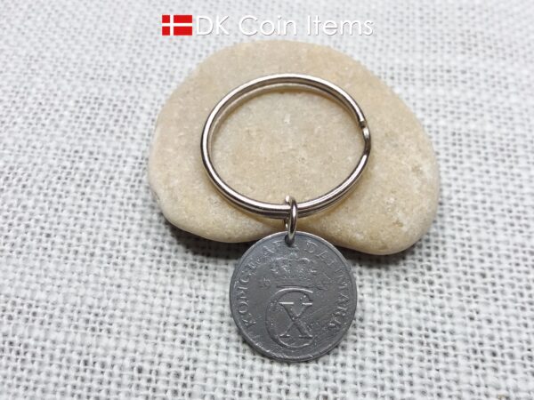 Denmark 1943 coin keychain with 81 year old Crown C initial 2 ore as coin pendant. 81st birthday gift. Antique Danish vintage souvenir gift