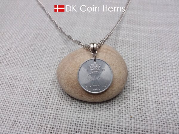 1971 coin necklace with 54 year old Crown R initial 2 ore from Denmark as coin pendant. 53rd birthday gift. Danish vintage souvenir