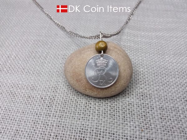 Crown R initial 1971 coin necklace with 53 year old 2 ore from Denmark as coin pendant. 53rd birthday gift. Danish vintage souvenir