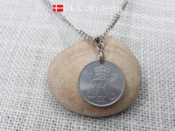 1971 Crown R coin pendant necklace with 53 year old 2 ore from Denmark. 53rd birthday gift. 2nd anniversary gift. Danish vintage souvenir