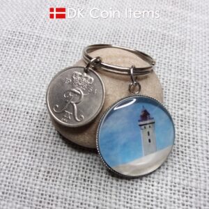 Denmark 1964 coin keychain with 55 year old Crown R 25 ore coin and Rubjerg Knude Lighthouse painting pendant. Danish vintage souvenir gift