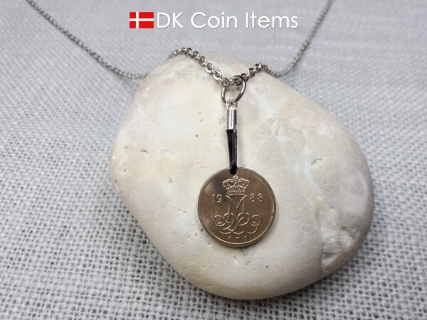 Denmark 1988 coin necklace with 36 year old Crown M initial 10 ore as coin pendant. 36th birthday gift. Danish vintage souvenir