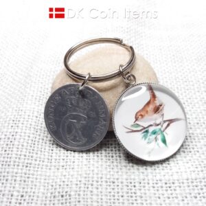 Denmark 1941 coin keychain with 83 year old Crown C initial 5 ore coin and Wren bird painting pendant. Danish vintage souvenir