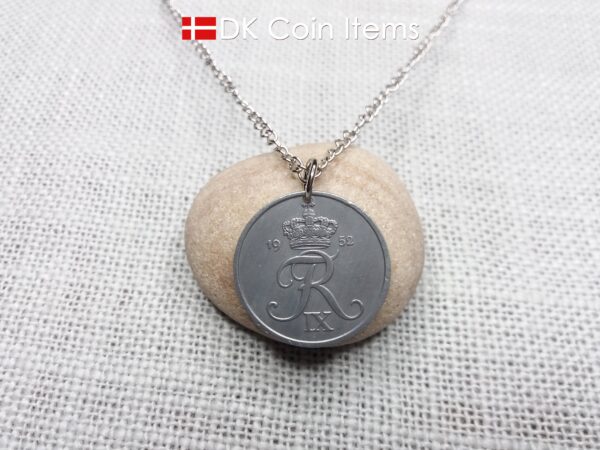 Denmark 1952 Crown R initial coin necklace with 72 year old 5 ore as coin pendant. Unique 72nd birthday gift or Danish vintage souvenir