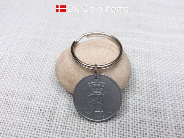 Denmark 1952 Crown R initial coin keychain with 72 year old 5 ore as coin pendant. Unique 72nd birthday gift or Danish vintage souvenir