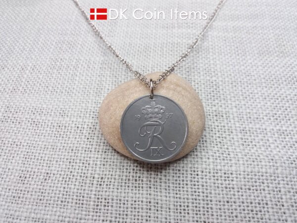 Denmark 1957 Crown R initial coin necklace with 67 year old 5 ore as coin pendant. Unique 67th birthday gift or Danish vintage souvenir