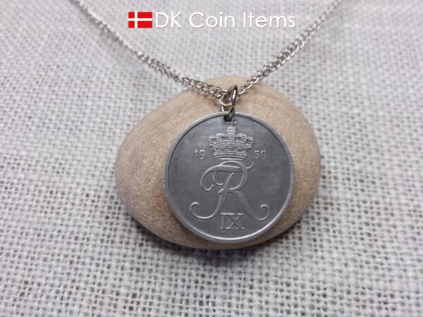 Denmark 1958 Crown R initial coin necklace with 66 year old 5 ore as coin pendant. Unique 66th birthday gift or Danish vintage souvenir