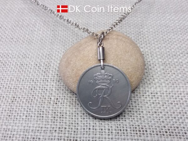 Denmark 1959 Crown R initial coin pendant necklace with 65 year old 5 ore. Unique 65th birthday, 5th anniversary or Danish souvenir gift